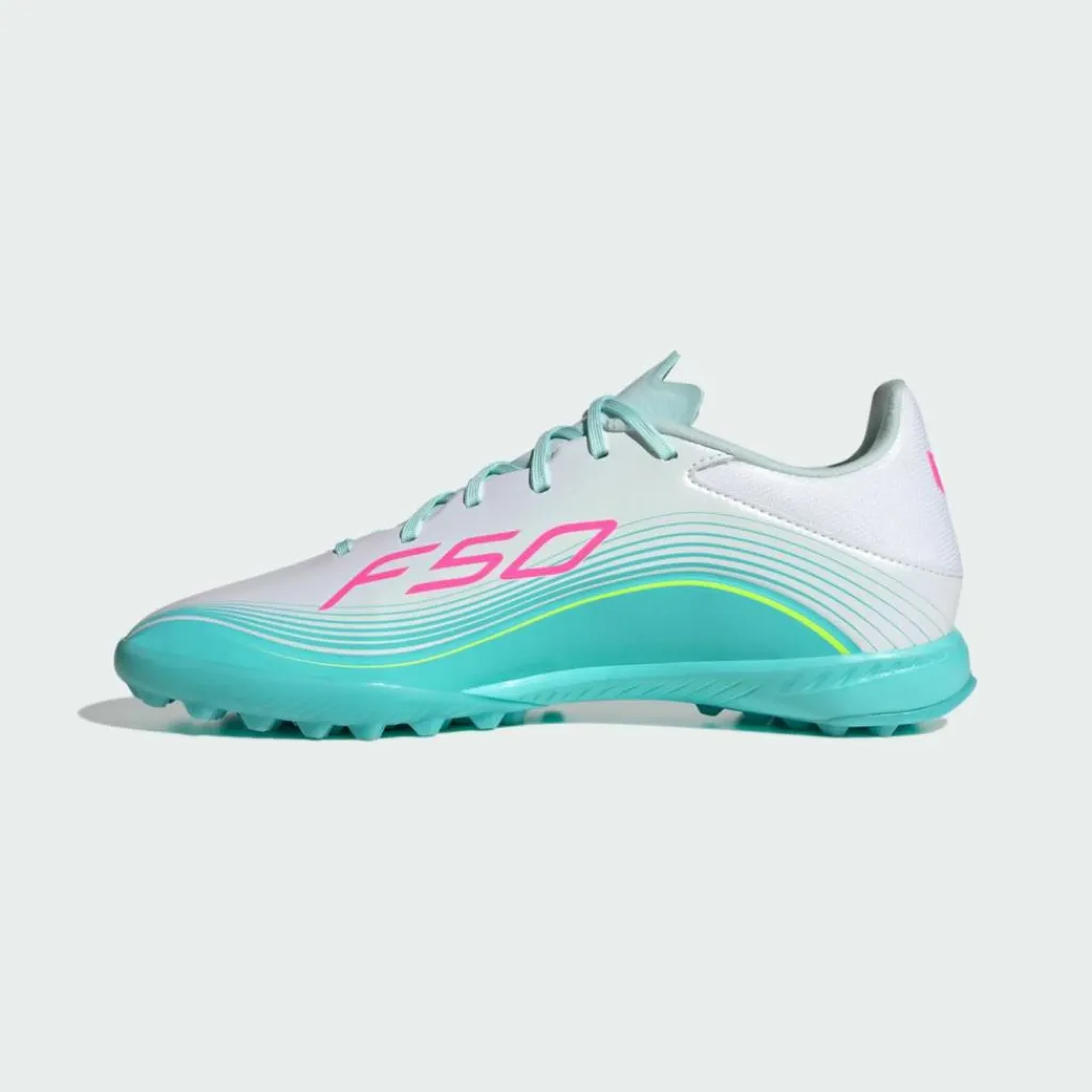 adidas Fußballschuhe|Fußballschuhe<· F50 MESSI LEAGUE Turf Fußballschuh Cloud White / Lucid Pink / Flash Aqua