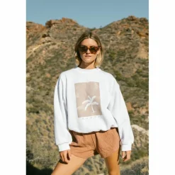 RUSTY Pullover & Sweats<· SUNSET PALM OVERSIZE CREW NECK FLEECE White