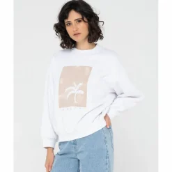 RUSTY Pullover & Sweats<· SUNSET PALM OVERSIZE CREW NECK FLEECE White