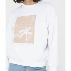 RUSTY Pullover & Sweats<· SUNSET PALM OVERSIZE CREW NECK FLEECE White